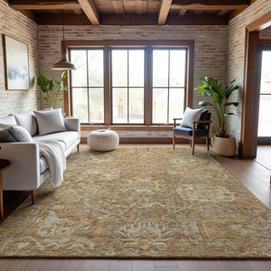 HomeRoots 9' X 12' Khaki & Beige Damask Area Rug - Washable, Stain-Resistant, UV Protected for Stylish Homes 684297