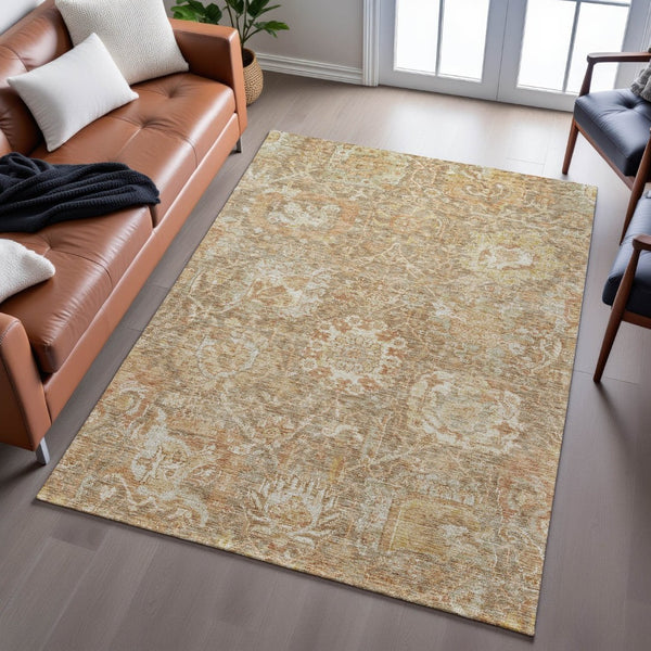 HomeRoots 10' X 14' Elegant Khaki and Beige Damask Area Rug - Washable, UV Protected, Stain-Resistant Design 684298