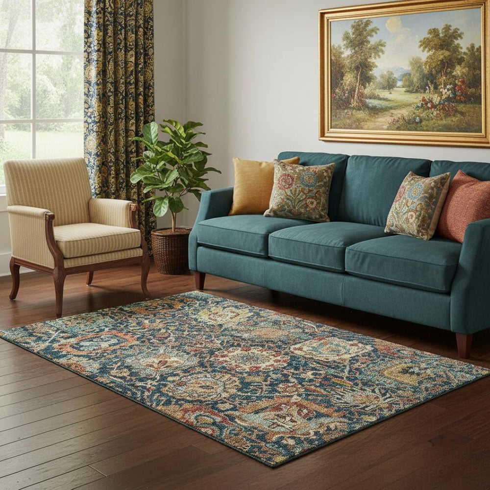 HomeRoots 5' X 8' Navy Blue Coral Gold Damask Area Rug - Washable, UV Protected, Stylish & Durable Design 684300