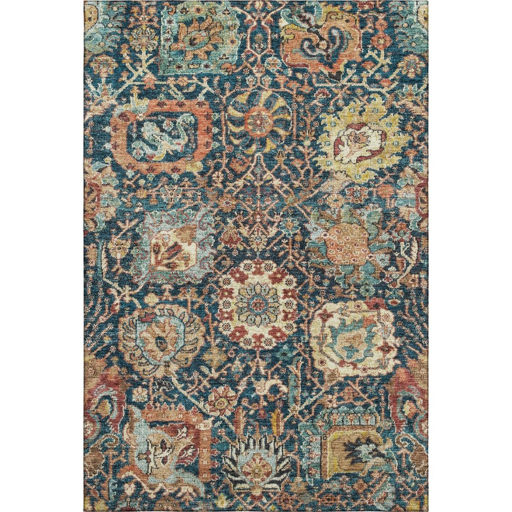 HomeRoots 5' X 8' Navy Blue Coral Gold Damask Area Rug - Washable, UV Protected, Stylish & Durable Design 684300