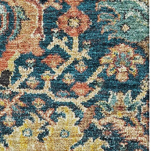 HomeRoots 5' X 8' Navy Blue Coral Gold Damask Area Rug - Washable, UV Protected, Stylish & Durable Design 684300