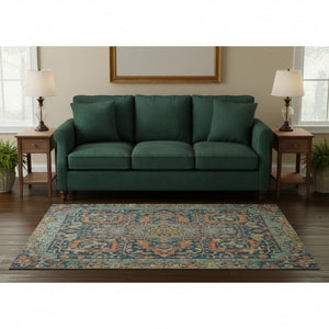 HomeRoots 8' Navy Blue Coral Damask Round Rug - Washable, UV Protected, Durable for Homes with Kids & Pets 684301