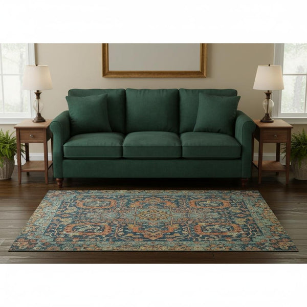 HomeRoots 8' Navy Blue Coral Damask Round Rug - Washable, UV Protected, Durable for Homes with Kids & Pets 684301