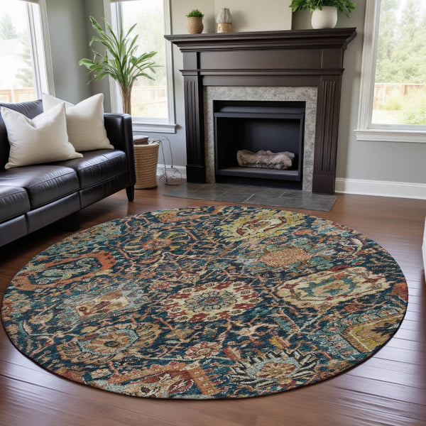 HomeRoots 8' Navy Blue Coral Damask Round Rug - Washable, UV Protected, Durable for Homes with Kids & Pets 684301