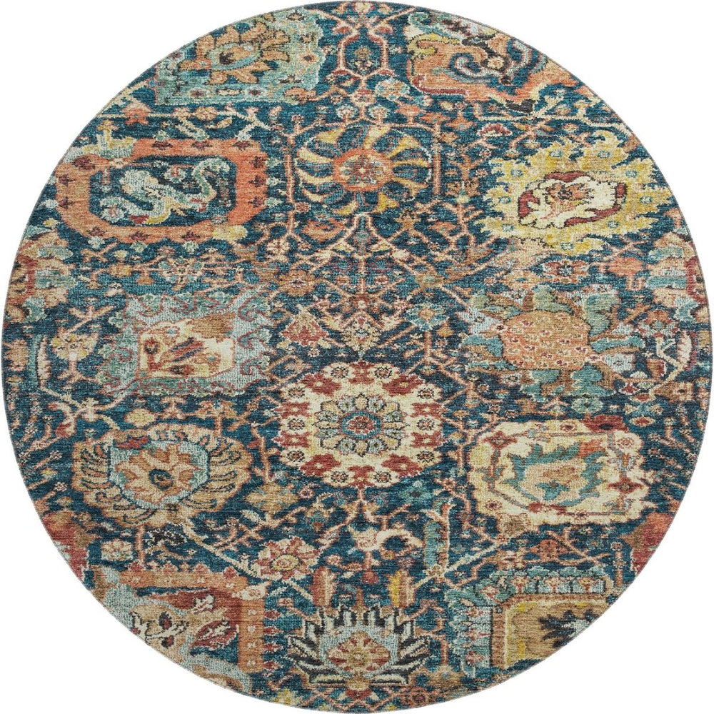HomeRoots 8' Navy Blue Coral Damask Round Rug - Washable, UV Protected, Durable for Homes with Kids & Pets 684301