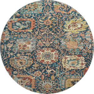 HomeRoots 8' Navy Blue Coral Damask Round Rug - Washable, UV Protected, Durable for Homes with Kids & Pets 684301