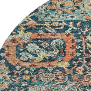 HomeRoots 8' Navy Blue Coral Damask Round Rug - Washable, UV Protected, Durable for Homes with Kids & Pets 684301