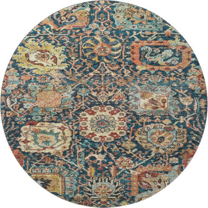 HomeRoots 8' Navy Blue Coral Damask Round Rug - Washable, UV Protected, Durable for Homes with Kids & Pets 684301