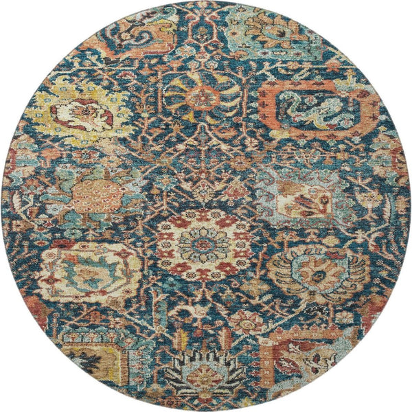 HomeRoots 8' Navy Blue Coral Damask Round Rug - Washable, UV Protected, Durable for Homes with Kids & Pets 684301