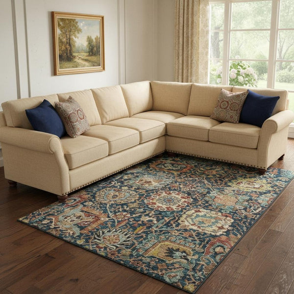 HomeRoots 8' X 10' Navy Blue Coral & Gold Damask Area Rug - Washable, Durable, UV-Protected for Busy Homes 684302