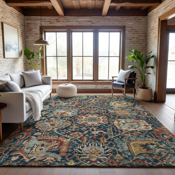 HomeRoots 8' X 10' Navy Blue Coral & Gold Damask Area Rug - Washable, Durable, UV-Protected for Busy Homes 684302