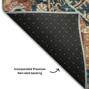 HomeRoots 8' X 10' Navy Blue Coral & Gold Damask Area Rug - Washable, Durable, UV-Protected for Busy Homes 684302