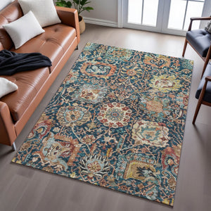 HomeRoots 8' X 10' Navy Blue Coral & Gold Damask Area Rug - Washable, Durable, UV-Protected for Busy Homes 684302