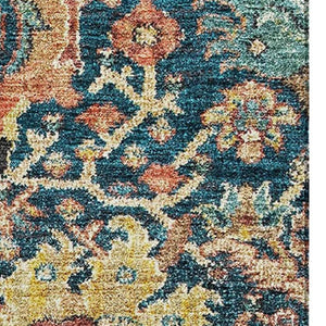 HomeRoots 8' X 10' Navy Blue Coral & Gold Damask Area Rug - Washable, Durable, UV-Protected for Busy Homes 684302
