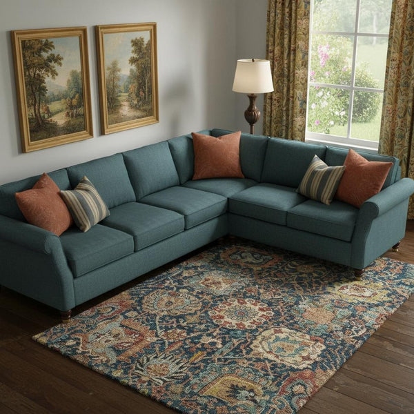 HomeRoots 9' X 12' Elegant Navy Blue Coral & Gold Damask Area Rug - Washable, Stain Resistant, UV Protectant 684303