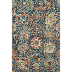 HomeRoots 9' X 12' Elegant Navy Blue Coral & Gold Damask Area Rug - Washable, Stain Resistant, UV Protectant 684303
