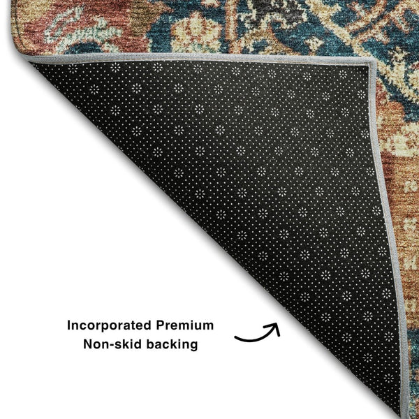 HomeRoots 9' X 12' Elegant Navy Blue Coral & Gold Damask Area Rug - Washable, Stain Resistant, UV Protectant 684303