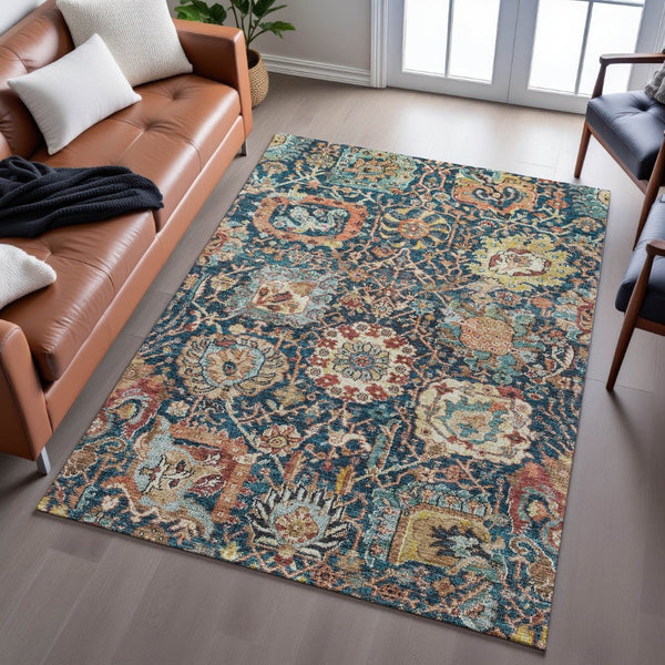 HomeRoots 9' X 12' Elegant Navy Blue Coral & Gold Damask Area Rug - Washable, Stain Resistant, UV Protectant 684303