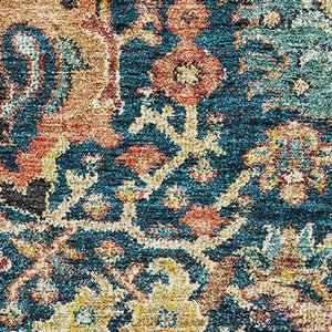 HomeRoots 9' X 12' Elegant Navy Blue Coral & Gold Damask Area Rug - Washable, Stain Resistant, UV Protectant 684303
