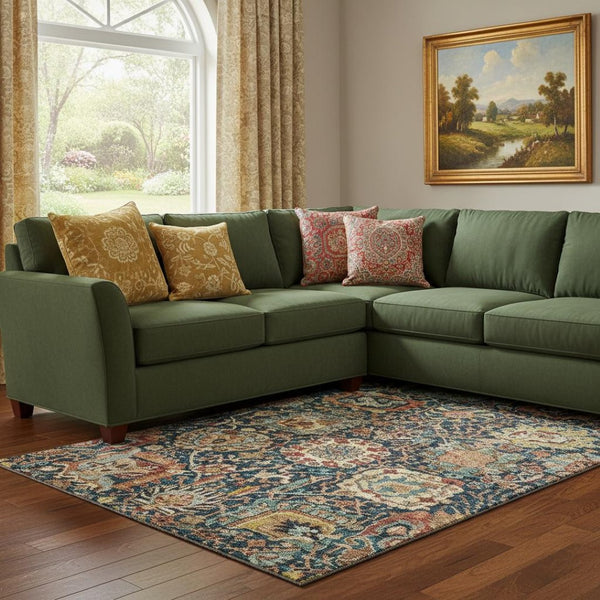 HomeRoots 10' X 14' Elegant Navy Blue Coral Gold Damask Area Rug - Washable, UV Protected, Stain Resistant! 684304