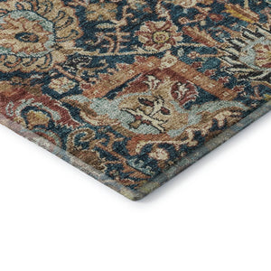 HomeRoots 10' X 14' Elegant Navy Blue Coral Gold Damask Area Rug - Washable, UV Protected, Stain Resistant! 684304