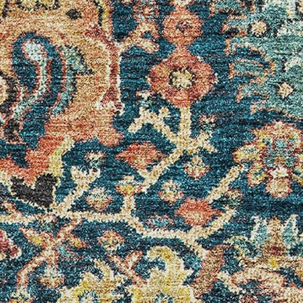 HomeRoots 10' X 14' Elegant Navy Blue Coral Gold Damask Area Rug - Washable, UV Protected, Stain Resistant! 684304