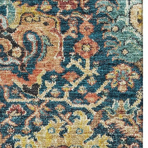 HomeRoots 10' X 14' Elegant Navy Blue Coral Gold Damask Area Rug - Washable, UV Protected, Stain Resistant! 684304