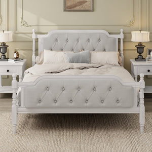 English Elm Traditional Solid Wood Bed Frame with Tufted Upholstered Headboard, No Box Spring Needed, Sturdy 400 lb Capacity Antique White 57.5 L x 22.5 W x 10.5 H N701P242546K