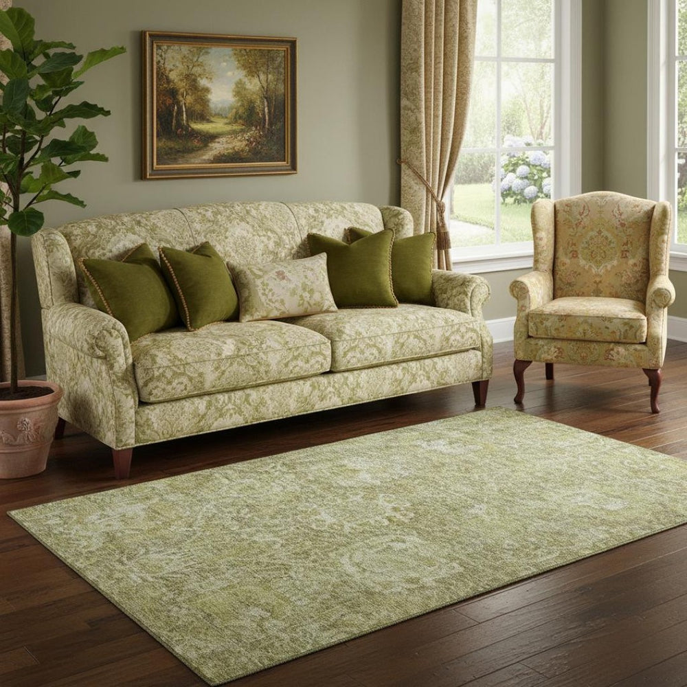 HomeRoots 5' X 8' Sage and Ivory Damask Area Rug - Washable, UV Protection, Ideal for Homes with Kids & Pets 684306