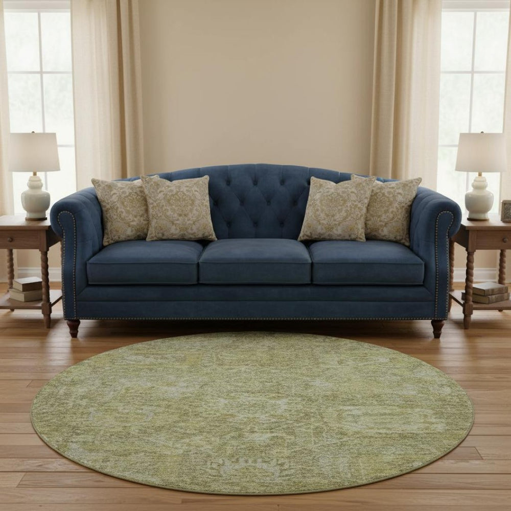 HomeRoots 8' Sage and Ivory Damask Round Rug - Washable, UV-Protected, Stylish & Durable for Any Room 684307