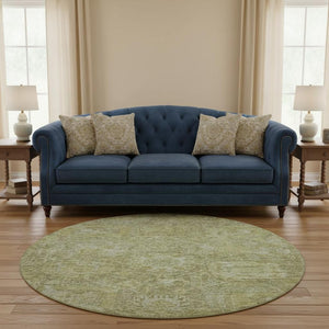 HomeRoots 8' Sage and Ivory Damask Round Rug - Washable, UV-Protected, Stylish & Durable for Any Room 684307