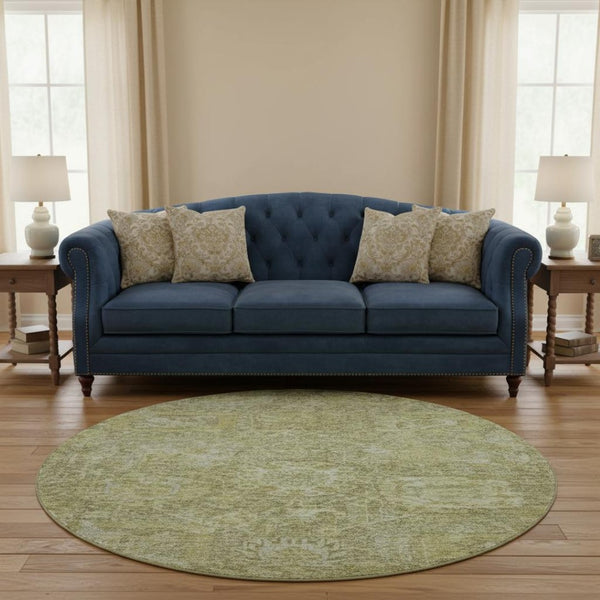 HomeRoots 8' Sage and Ivory Damask Round Rug - Washable, UV-Protected, Stylish & Durable for Any Room 684307