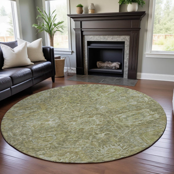 HomeRoots 8' Sage and Ivory Damask Round Rug - Washable, UV-Protected, Stylish & Durable for Any Room 684307