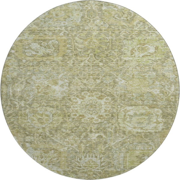 HomeRoots 8' Sage and Ivory Damask Round Rug - Washable, UV-Protected, Stylish & Durable for Any Room 684307