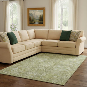 HomeRoots 8' X 10' Sage Damask Area Rug - Washable, UV Protected, Durable for Homes with Kids and Pets 684308
