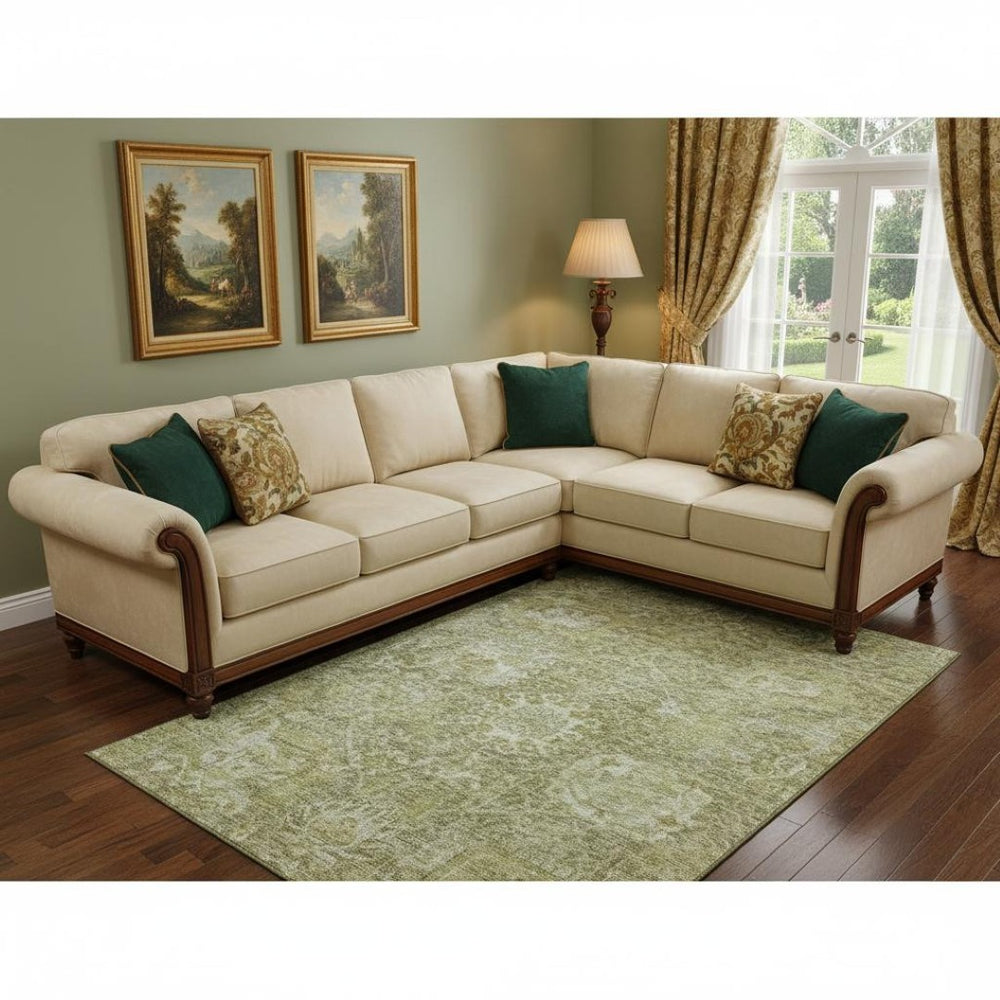 HomeRoots 9' X 12' Elegant Sage and Ivory Damask Area Rug - Washable, UV Protected, Stain Resistant Design 684309
