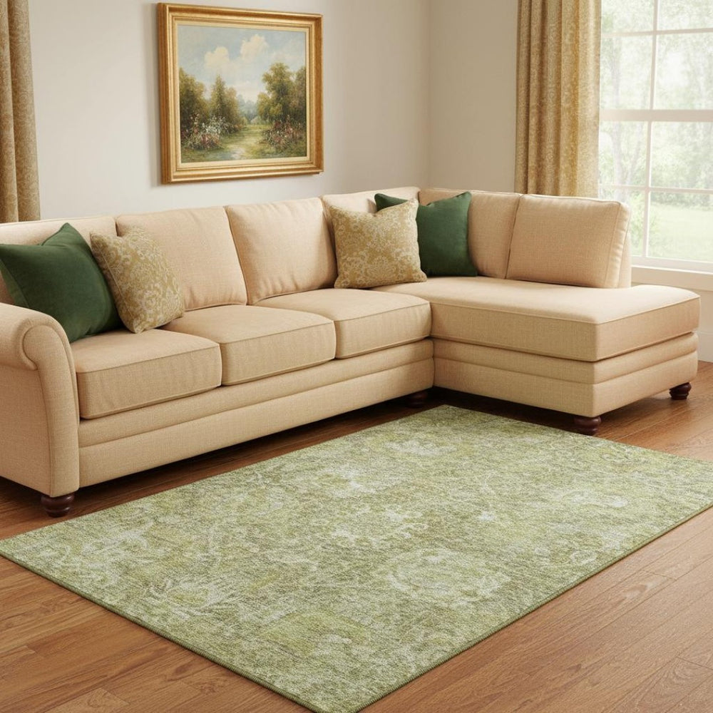 HomeRoots 10' X 14' Sage & Ivory Damask Washable Area Rug - Durable, UV-Protected, Stylish for Any Space! 684310
