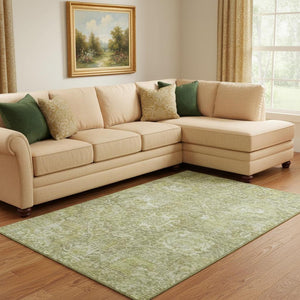 HomeRoots 10' X 14' Sage & Ivory Damask Washable Area Rug - Durable, UV-Protected, Stylish for Any Space! 684310