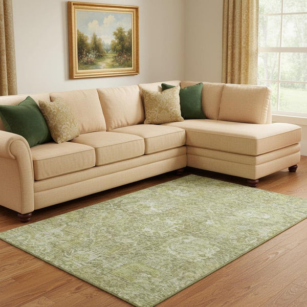 HomeRoots 10' X 14' Sage & Ivory Damask Washable Area Rug - Durable, UV-Protected, Stylish for Any Space! 684310