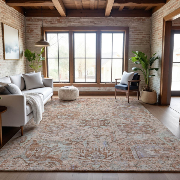 HomeRoots 5' X 8' Coral Ivory and Rust Damask Rug - Soft, Washable, UV-Protected for Elegant Living Spaces 684312