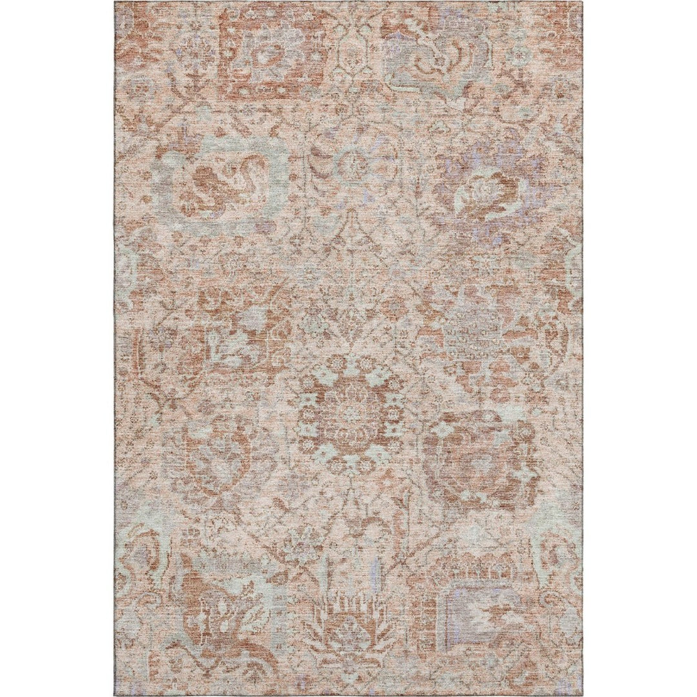 HomeRoots 5' X 8' Coral Ivory and Rust Damask Rug - Soft, Washable, UV-Protected for Elegant Living Spaces 684312