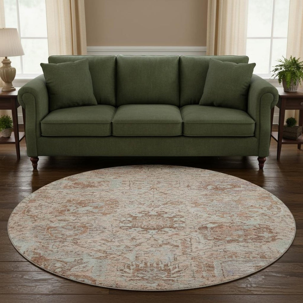 HomeRoots 8' Elegant Coral Ivory & Rust Damask Round Rug - Washable, UV-Protected, Stain Resistant Design 684313