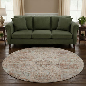 HomeRoots 8' Elegant Coral Ivory & Rust Damask Round Rug - Washable, UV-Protected, Stain Resistant Design 684313