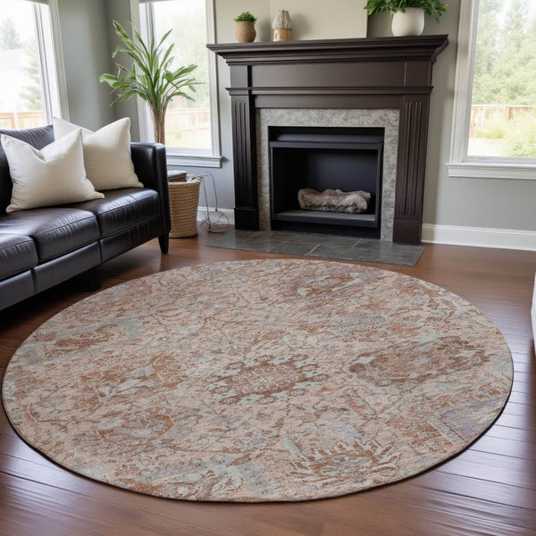 HomeRoots 8' Elegant Coral Ivory & Rust Damask Round Rug - Washable, UV-Protected, Stain Resistant Design 684313