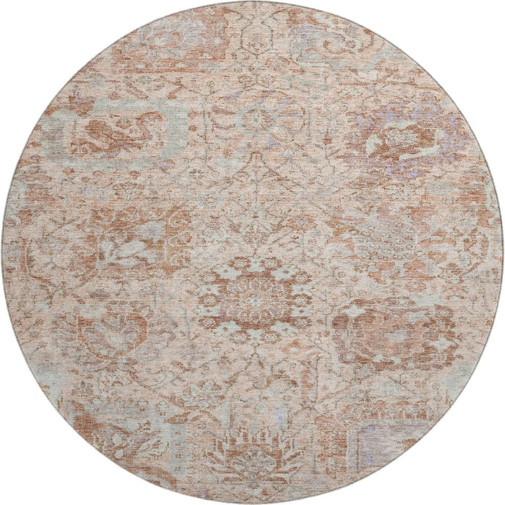 HomeRoots 8' Elegant Coral Ivory & Rust Damask Round Rug - Washable, UV-Protected, Stain Resistant Design 684313