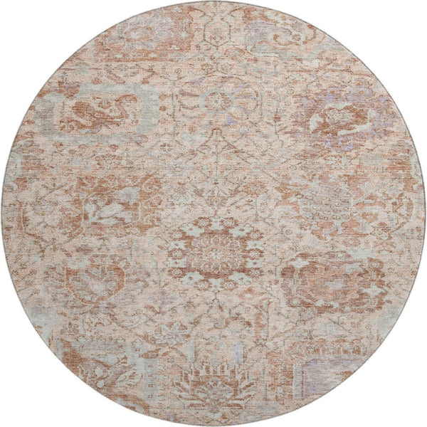 HomeRoots 8' Elegant Coral Ivory & Rust Damask Round Rug - Washable, UV-Protected, Stain Resistant Design 684313
