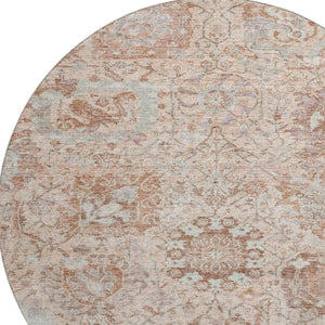 HomeRoots 8' Elegant Coral Ivory & Rust Damask Round Rug - Washable, UV-Protected, Stain Resistant Design 684313