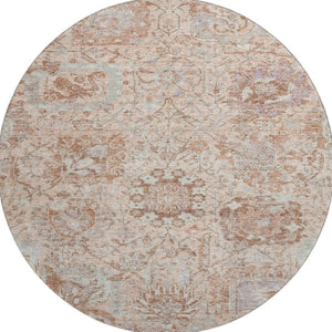 HomeRoots 8' Elegant Coral Ivory & Rust Damask Round Rug - Washable, UV-Protected, Stain Resistant Design 684313