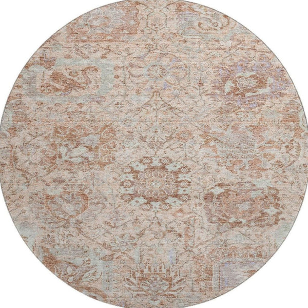HomeRoots 8' Elegant Coral Ivory & Rust Damask Round Rug - Washable, UV-Protected, Stain Resistant Design 684313