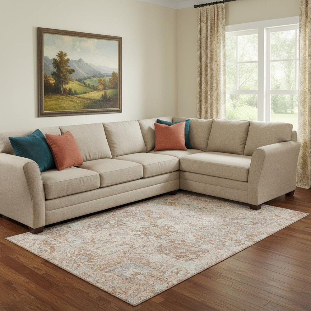 HomeRoots 8' X 10' Coral Ivory Rust Damask Area Rug - Washable, UV Protected, Stain Resistant for Busy Homes 684314